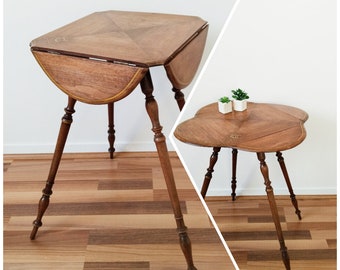 Side table, with flaps, in walnut, waxed finish and golden monogram, late 19th century