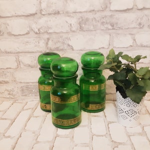 Antique French green and gold glass spice jars