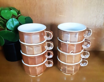 Tasses à café de bistrot marrons et blanches  ( 8 )  , en porcelaine, antique français , style helvetia