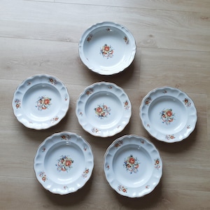 5 soup plates and 1 dish in Lunéville KG Marie-Thérèse earthenware, flowers and gold, vintage French, 1950s
