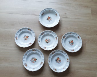 5 soup plates and 1 earthenware dish from Lunéville KG Marie-Thérèse flowers and gold, vintage French, 1950s
