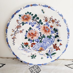 Deep plate or dish in Gien earthenware, rooster and peonies model, numbered, 1930s