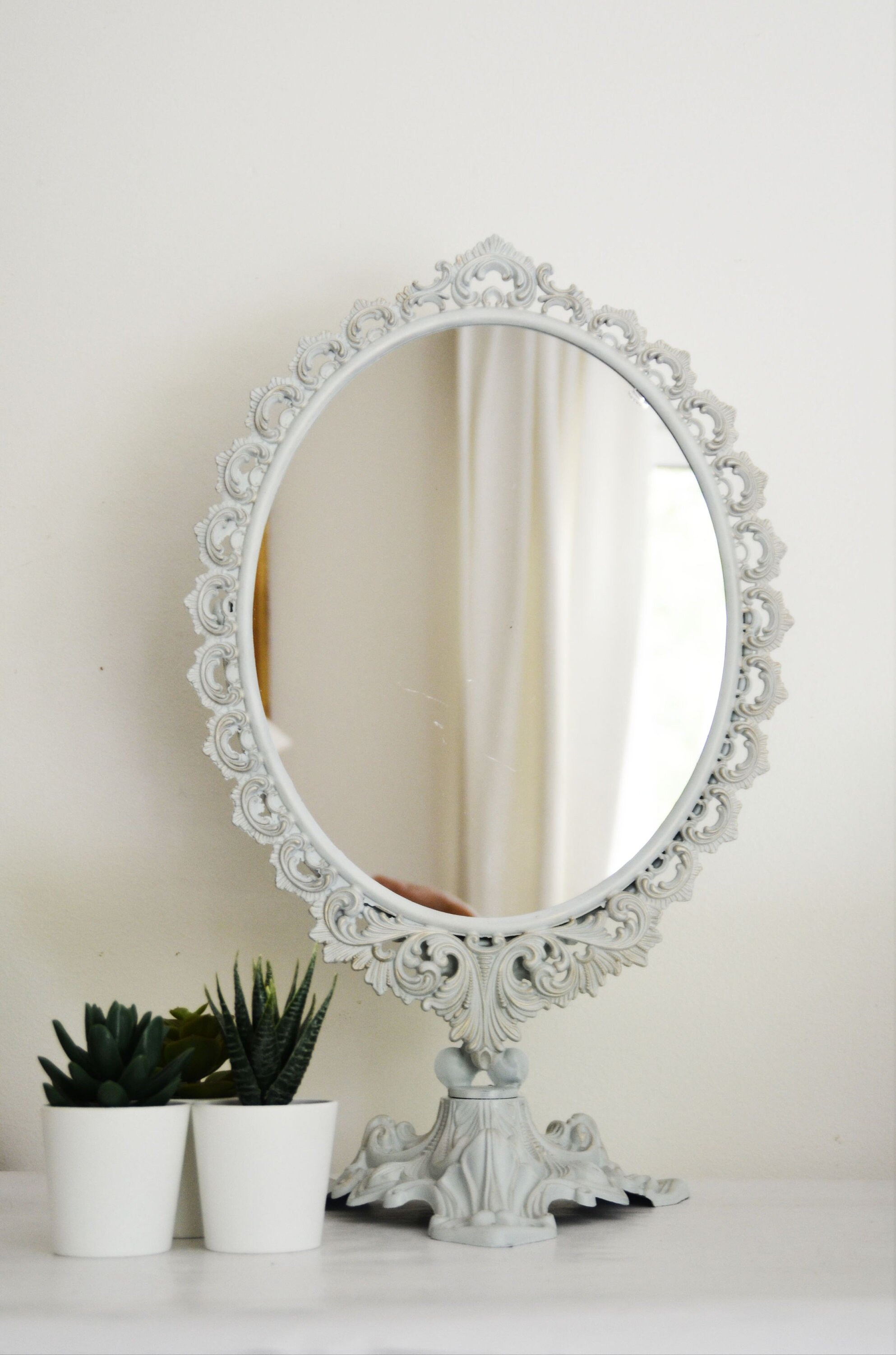 Miroir Psyché de Table , en Laiton, Coloris Gris Clair Miroir à Poser, Vintage Français Antique