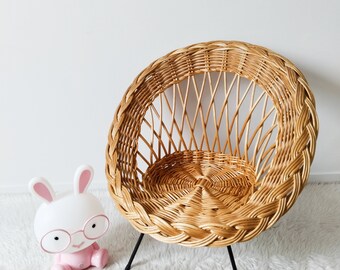 Children's rattan basket armchair, metal compass legs, vintage