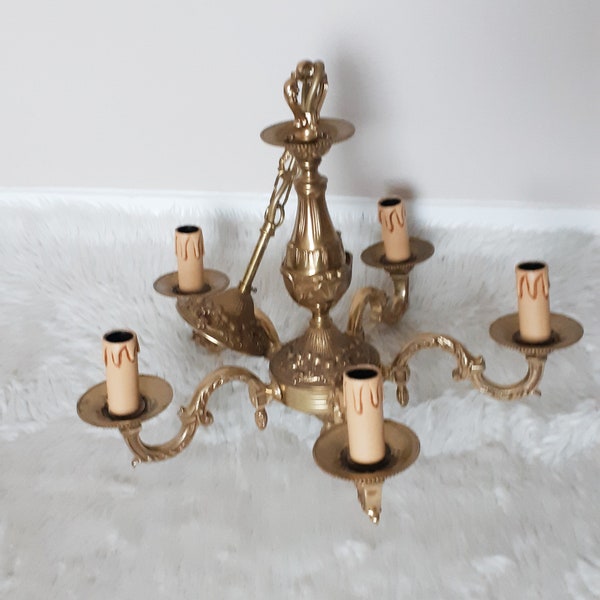 Lustre ancien en bronze, 5 feux , shabby chic