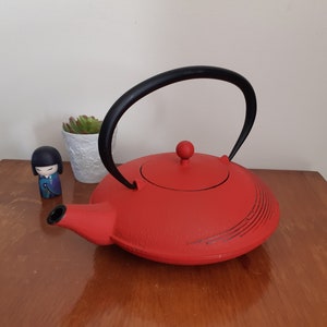 Antique French red cast iron flat Japanese teapot