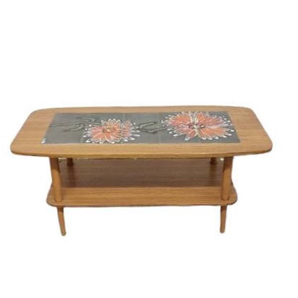 Table basse vintage en bois et carrelage ,années 50