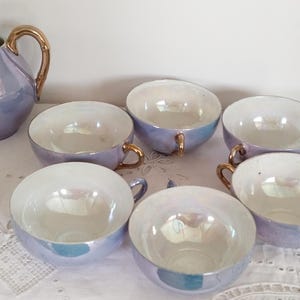 Antique Japanese fine porcelain tea set in pearly blue and gold