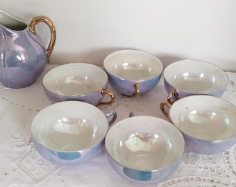 Antique Japanese fine porcelain tea set in pearly blue and gold