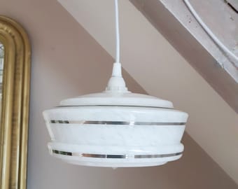 White chandelier pendant light, vintage Clichy glass light fixture, French vintage