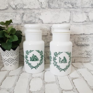 Large white opaline apothecary jars, green toile de Jouy pattern, antique French