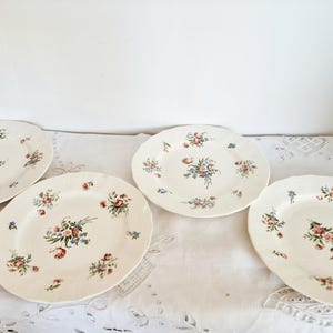 Puede incluir: Cuatro platos ovalados y redondos de color blanquecino con un estampado floral en rojo, azul y verde. Los platos están dispuestos sobre un mantel de encaje blanco. El diseño floral está centrado en cada plato.