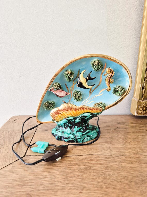 貝螺鈿矢立　Yatate decorated w/h pieces-shell Seashell Table Lamp, Bedside Lamp, Vallauris Style, 1950s - Etsy