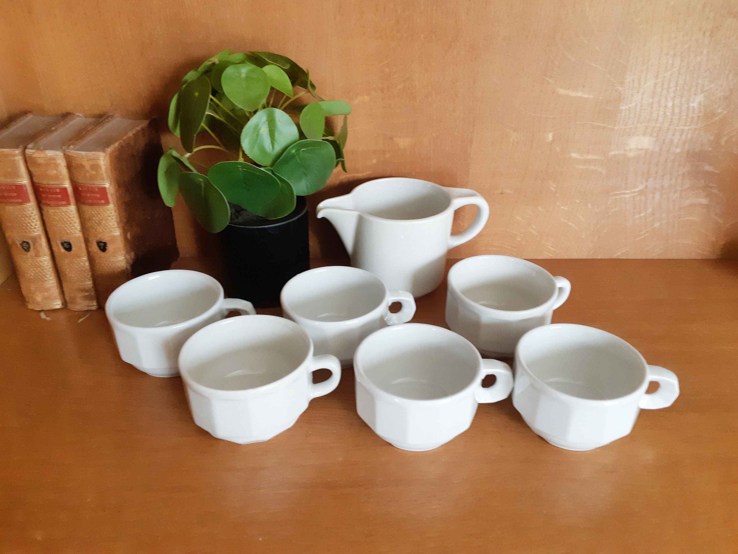 白いブリュロカップ 陶器 19世紀 ビストロ 厚底カップ