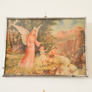 Lithogravure, chromo, old, children and guardian angel, antique French
