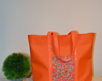 Bag style "VB" faux glitter ribbons and orange leather tote bag