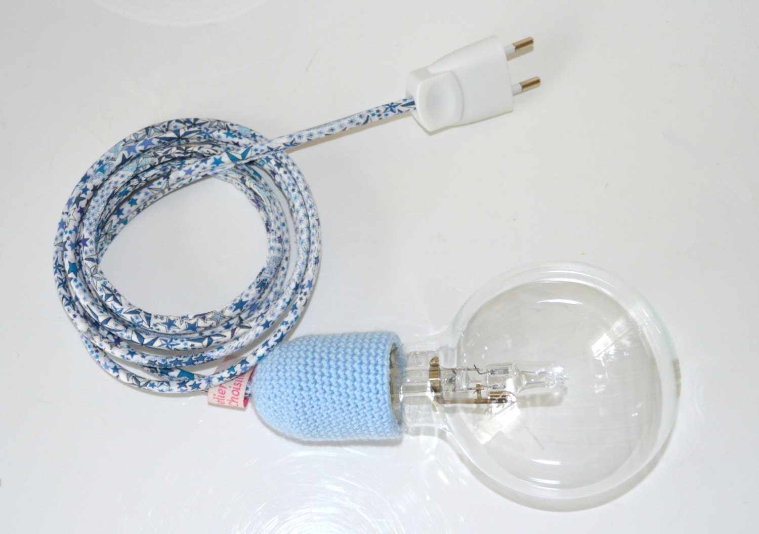 Lampe Baladeuse en Véritable Tissu Liberty Adelajda Bleu et Cache Douille Bleu