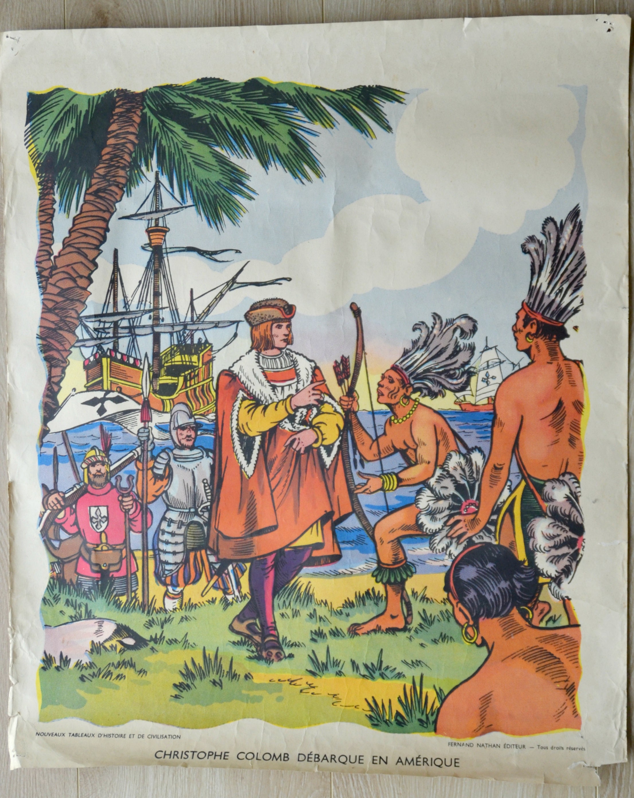 Affiche Scolaire Vintage, Éditions Fernand Nathan , Années 50 , Christophe Colomb Débarque en Amériq