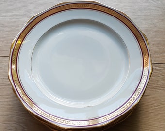 Service de 6 assiettes  en porcelaine , vintage, motif rouge et or , plates , style Empire