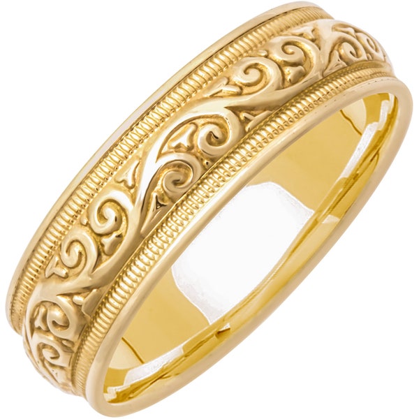 Solid Paisley Carved Wedding Ring/Band, Yellow Gold Hand Crafted Unique design, Leaf Design, Custom Design, 14K and 18K FREE ENGRAVING