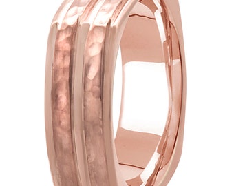 Alianza de boda de oro rosa macizo, forma cuadrada, hecha a mano, ajuste cómodo, acabado martillado cepillado de 2 tiras, alianza única, unisex