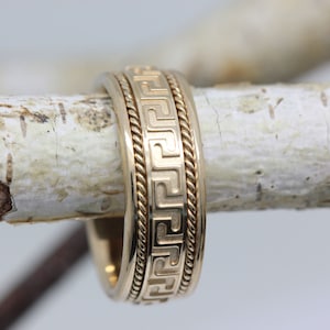 Designer 14K or 18K Yellow Gold Unique Greek Key Wedding Band, Side Rope Twist, High Polish, Unisex, Comfort Fit, 8mm, FREE ENGRAVING