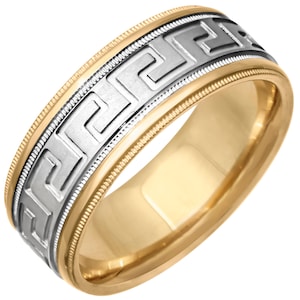Unique 14K Solid Two Tone Designer Greek Key Wedding Band, 8mm, White Gold, Yellow Gold, Milgrain Edged, Brush Finish, 14K, 18K