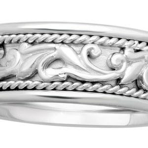 Designer White Gold or Platinum solid  Hand Crafted Paisley Floral Design, Comfort Fit, Rope Twist Wedding Band, 9mm, 14K, 18k or Platinum