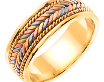 Alianza de boda trenzada de oro tricolor con ajuste cómodo, anillos de oro, anillos trenzados, banda trenzada, banda de compromiso, 7 mm rosa, blanco, amarillo