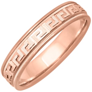 Unique Solid Rose Gold Designer Greek Key Handmade Wedding Band, Milgrain edges, Comfort fit, Unisex, 4.5mm wide, 14K, 18K FREE ENGRAVING