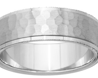 Designer Solid White/Silver Hammered Matte/Brush Finish Comfort Fit Wedding Band, Hand engraved on both sides,  8mm, 14K, 18K, Platinum