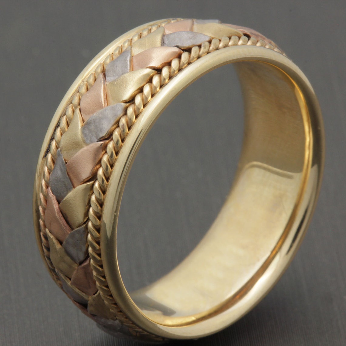 8mm Tri Color Gold Hand-woven Basket Weave Comfort Fit Wedding Band ...