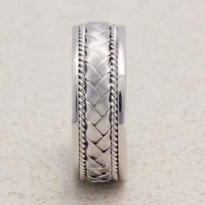 Hand Braided Wedding Ring, Basket Weave, Unique Wedding Band, Handmade Ring, Unisex Wedding Band. 8mm, 14K, 18K, Platinum FREE ENGRAVING