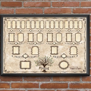 May include: A framed family tree chart with a vintage design. The chart features multiple ornate frames for photos, a tree graphic, and the text "Our Family Tree." The words "Digital Download" and "You Print" are also visible.