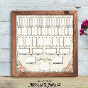 May include: A printable 12x12 inch, 6 generation family tree chart with a vintage floral design. The chart is framed in a brown wood frame and has a light brown background with a white border. The chart is titled "Family Tree" and has spaces for names and dates. The chart is perfect for recording your family history.