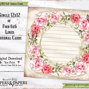 May include: A printable digital download of four 6x6 inch lined journal cards with a pink rose and butterfly border. The cards are designed to be printed on 12x12 inch paper and cut into four individual cards. The text "JL139.1 6x6 JOURNAL CARDS" is at the top of the image. The text "SINGLE 12x12 OF FOUR 6X6 LINED JOURNAL CARDS" is in the center of the image. The text "Digital Download You Print" is at the bottom of the image. The text "Record it Today PEPPERS & PAPERS DESIGNS 2021© Est. 2016" is at the bottom of the image. The text "PEPPERS AND PAPERS DIGI.COM" is at the bottom of the image.