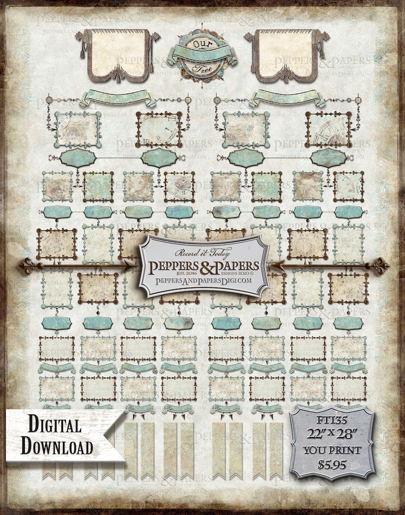 6 to 9 Generation Family Tree Pedigree, YOU PRINT 22x28 inch unique custom ancestry poster for mom and dad, a fun DIY gift for family, FT135 image 1