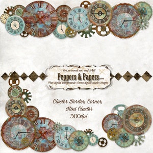May include: A digital paper pack with a steampunk theme featuring a cluster of vintage clock faces and gears in shades of blue, green, brown, and gold. The paper pack is 300 dpi and includes four digital backgrounds and seven digital cluster images.