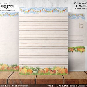 May include: Printable 8.5x11 inch stationery featuring a watercolour illustration of a pumpkin patch with a blue sky and bunting. The text "ST53 PUMPKIN PATCH 8.5x11 STATIONERY" is at the bottom of the image.