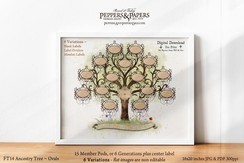 Family Tree 5 Generation Pedigree gift for wedding couple, 20x16 Mothers Day genealogy gift, personalized custom DIY gift, YOU PRINT, FT14 image 1