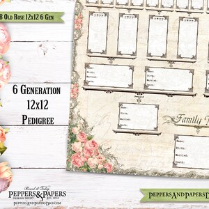 May include: A printable 12x12 inch six-generation family tree chart with a vintage floral design. The chart has a light beige background with a decorative border and a title that reads "Family Tree".