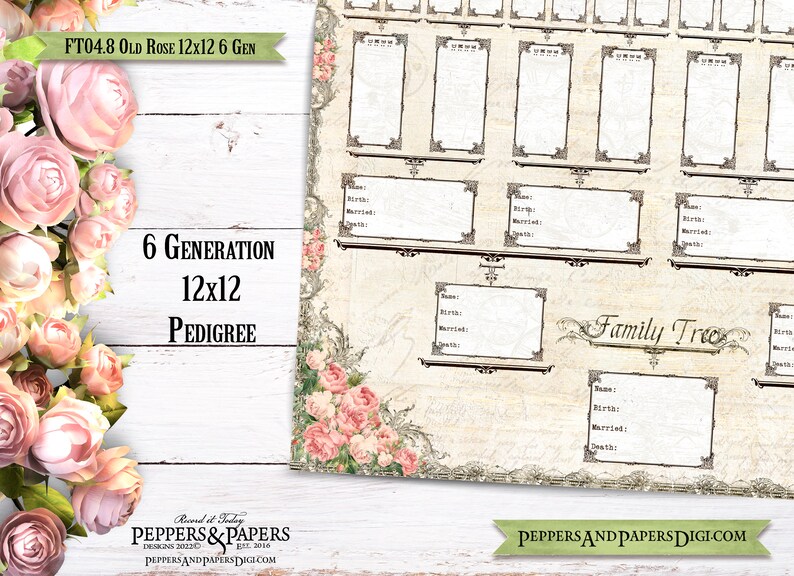 May include: A printable 12x12 inch six-generation family tree chart with a vintage floral design. The chart has a light beige background with a decorative border and a title that reads "Family Tree".