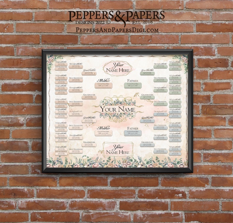 Family Tree Hourglass Pedigree, YOU PRINT, Editable Ancestry Chart, Customizable, 5 Generation Ancestry Gift, 16x20 Genealogy Chart, FT106 image 1