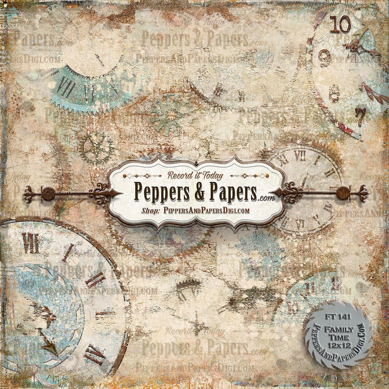 mixed media art\u2013 FT141 Family Time 10 textured digital backgrounds for scrapbooking distressed watercolor Clock backgrounds 12x12
