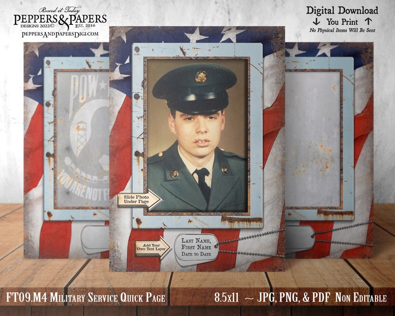 Military Record Photo Page, YOU PRINT, Family Record Keeping for Soldier, 8.5x11 Printable Quick Page, Scrapbooking 5x7 photo frame, FT09.M4 image 1