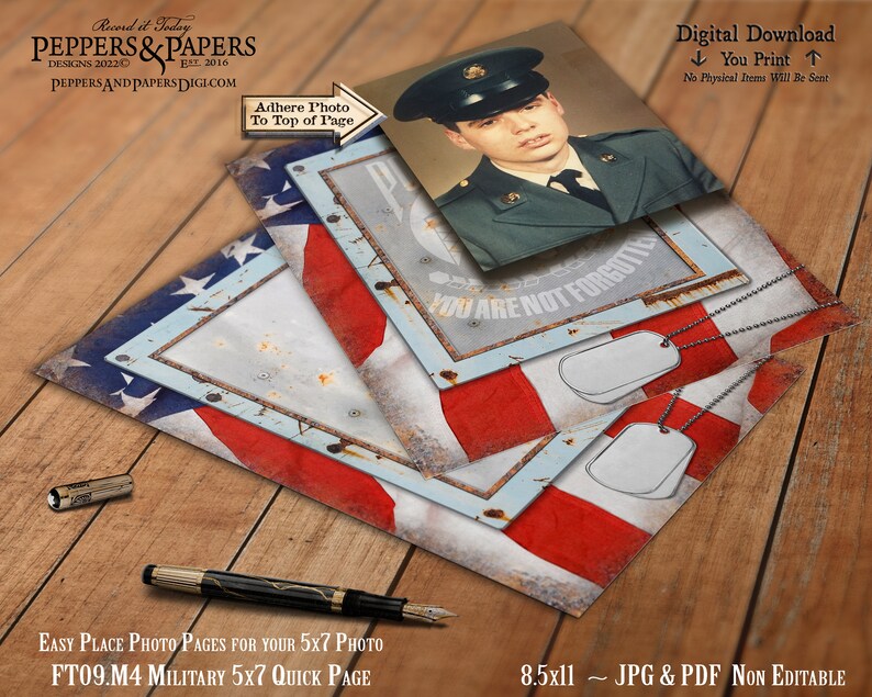 Military Record Photo Page, YOU PRINT, Family Record Keeping for Soldier, 8.5x11 Printable Quick Page, Scrapbooking 5x7 photo frame, FT09.M4 image 4