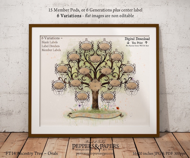 Family Tree 5 Generation Pedigree gift for wedding couple, 20x16 Mothers Day genealogy gift, personalized custom DIY gift, YOU PRINT, FT14 image 2