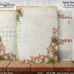 Papel de escrita imprimível, conjunto de papelaria imprimível, para scrapbooking, diário, escrita de cartas, 8,5x11 forrado, sem forro, ST24 Vintage Rose