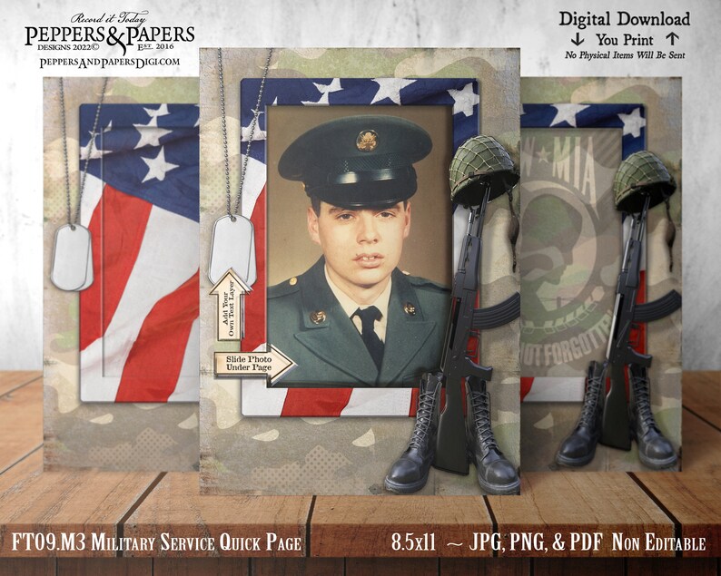 Military Record Photo Page, YOU PRINT, Family Record Keeping for Soldier, 8.5x11 Printable Quick Page, Scrapbooking 5x7 photo frame, FT09.M3 image 1