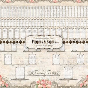 May include: A printable family tree chart with a vintage design. The chart has 6 generations and is 8.5 inches by 11 inches. The chart is decorated with roses and a decorative border.